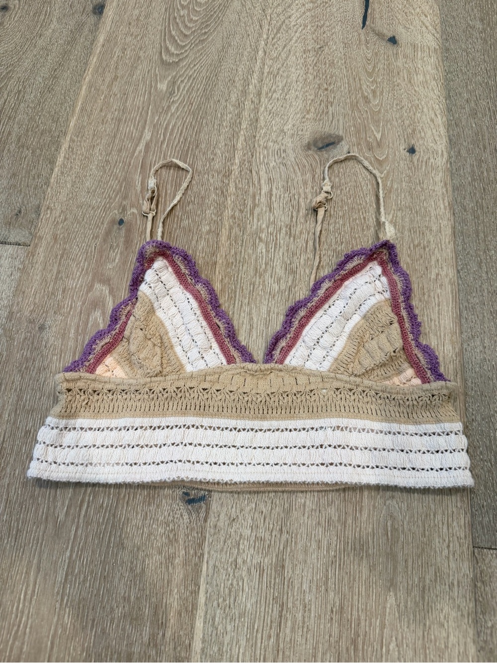 Free People Crochet Bralette in Beige, White & Purple Trim